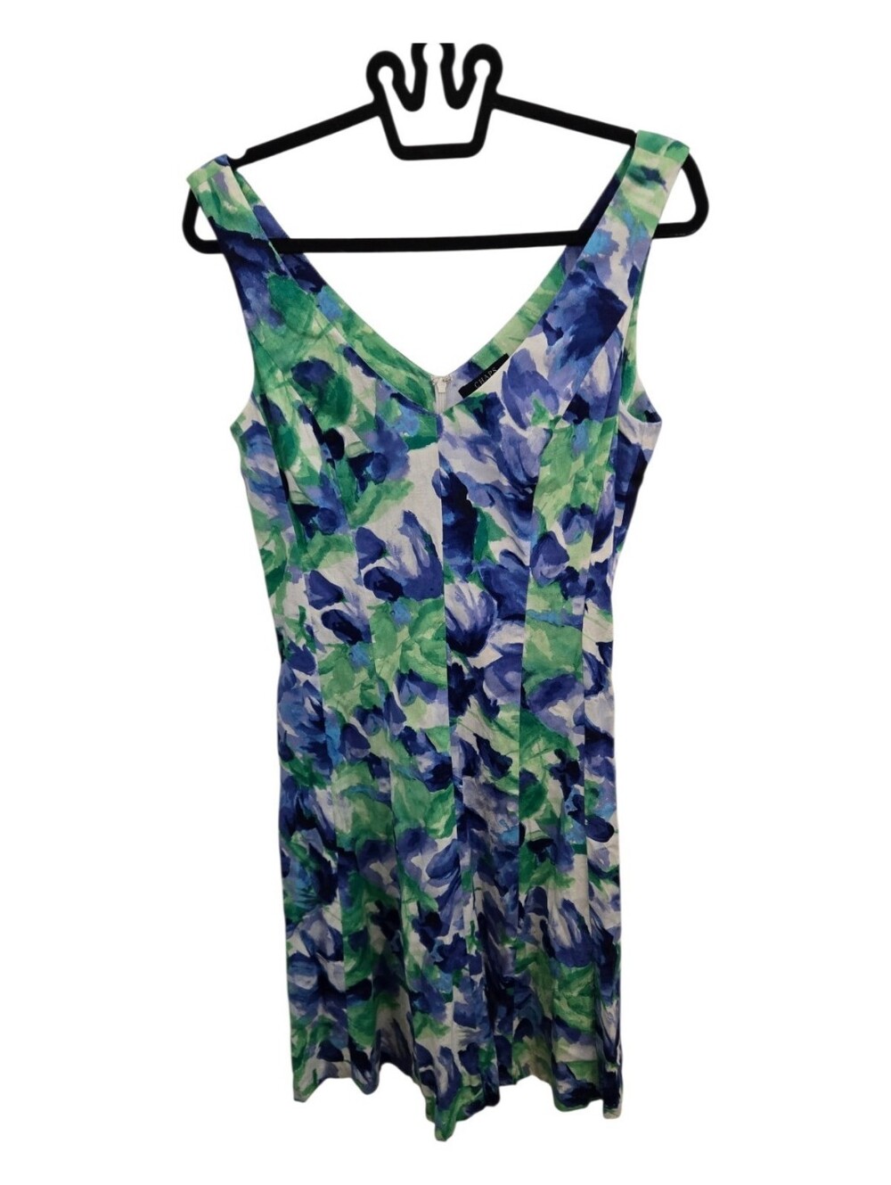 Chaps Sleeveless Blue & Green Watercolor Splash Abstract V- Neck Midi Dress Sz 8